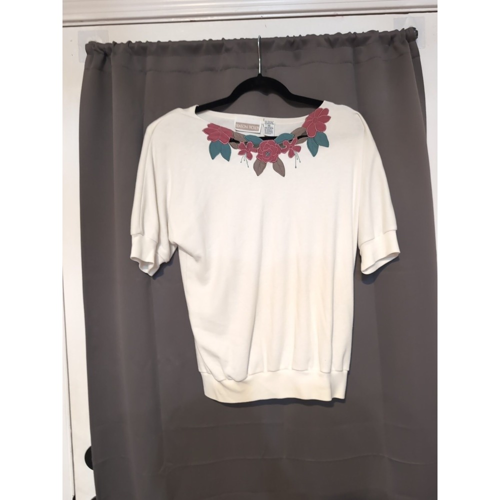 Season Ticket Vintage Floral Embroidered Cutout Neckline Knit Top Women's Medium